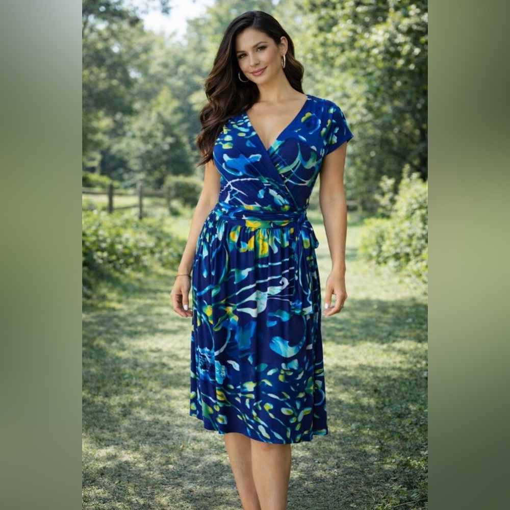 Jones New York Dress Blue Green Yellow 10 Stretch Wrap Floral Career Church
